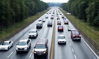 Eine perspektivische Darstellung einer Autobahn mit mehreren Spurten, die Fahrzeuge bilden eine klare Rettungsgasse in der Mitte für Einsatzfahrzeuge.